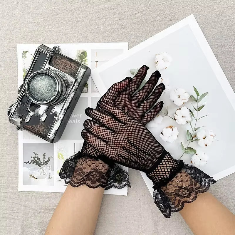 Sexy Lace Hollow Out Sunscreen Glove Women Ceremony Etiquette Black White Mesh Mittens Summer Thin Breathable Soft Elastic Glove