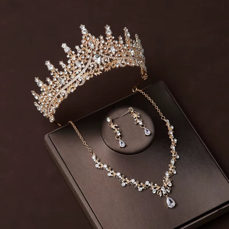 Itacazzo Bridal Headwear Set of Four Crown&Necklace&Earrings Gold-Colour Women'S Classic Wedding Tiaras