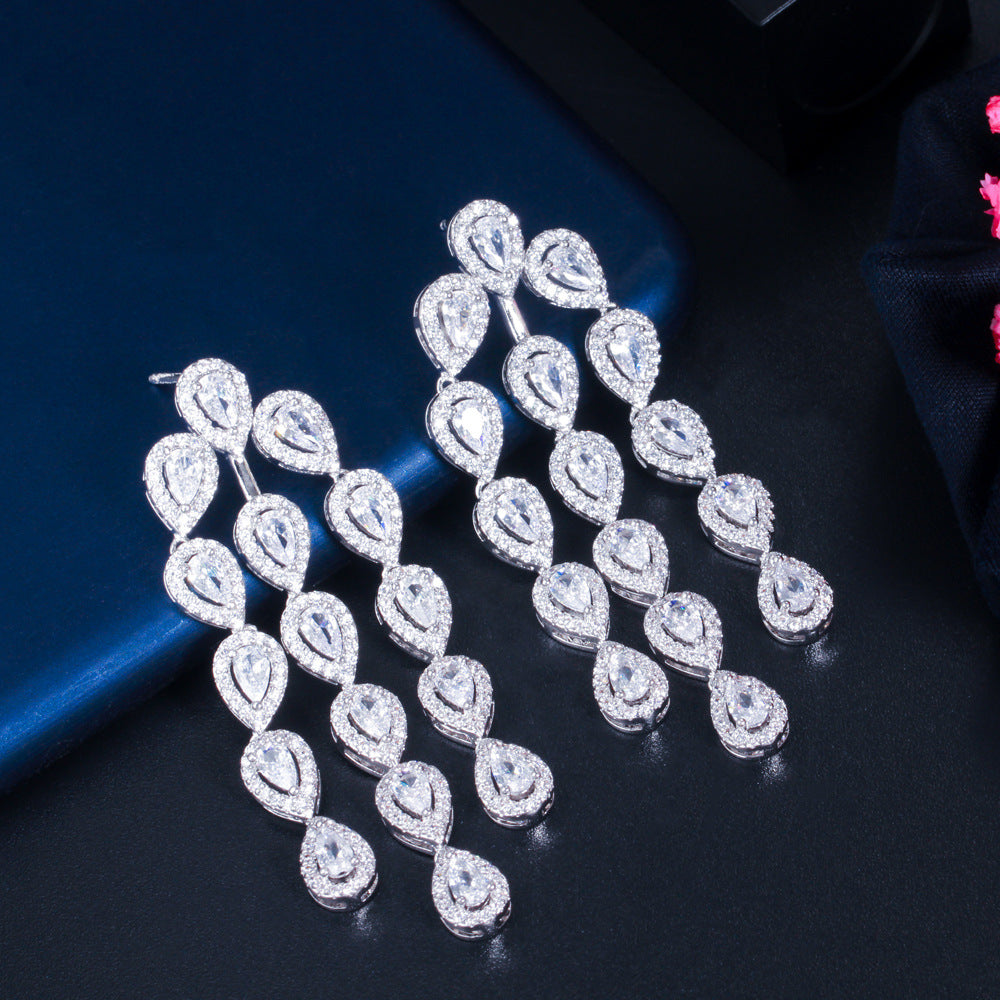 Water Drop Long Needle Zircon Bridal Tassel Earrings