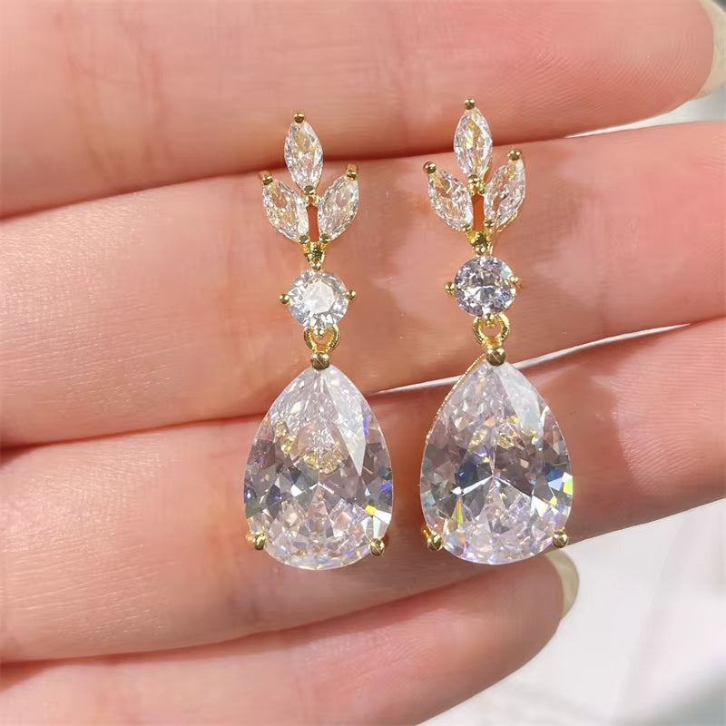 AAA Cubic Zirconia Leaf Dangle Earrings Necklace for Women Luxury Bridal Wedding Jewelry Set