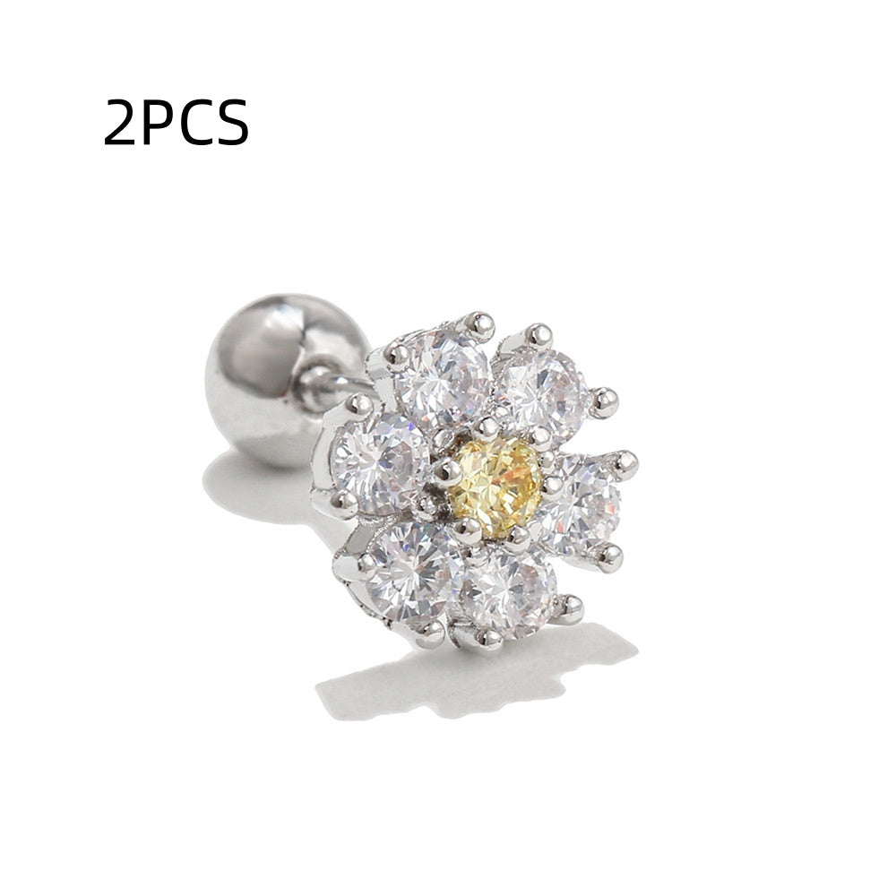 Pastoral Style Retro Two-tone Flower Ear Bone Stud 18K Gold Colorfast Small Earrings