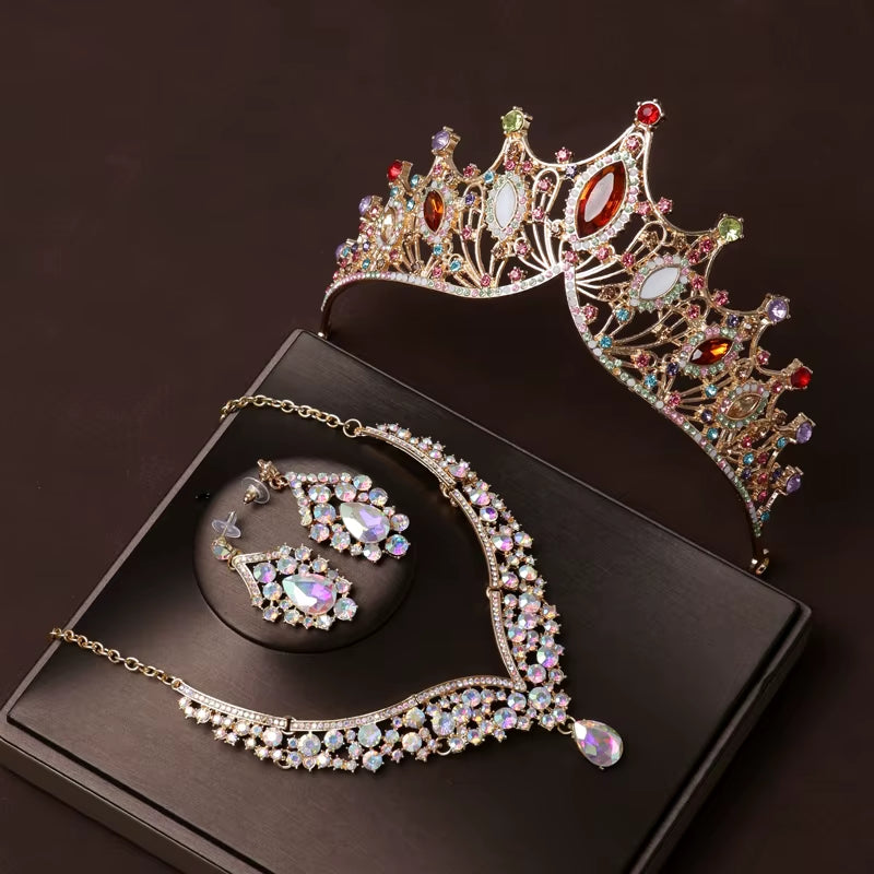 Itacazzo Bridal Headwear Set of Four Crown&Necklace&Earrings Gold-Colour Women'S Classic Wedding Tiaras