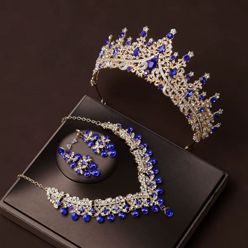 Itacazzo Bridal Headwear Set of Four Crown&Necklace&Earrings Gold-Colour Women'S Classic Wedding Tiaras