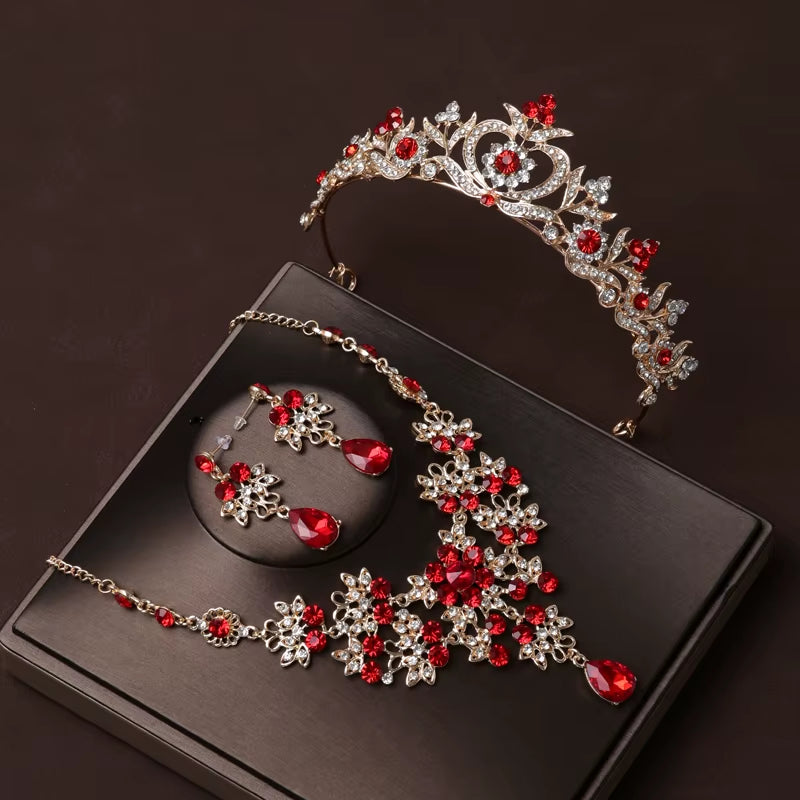 Itacazzo Bridal Headwear Set of Four Crown&Necklace&Earrings Gold-Colour Women'S Classic Wedding Tiaras