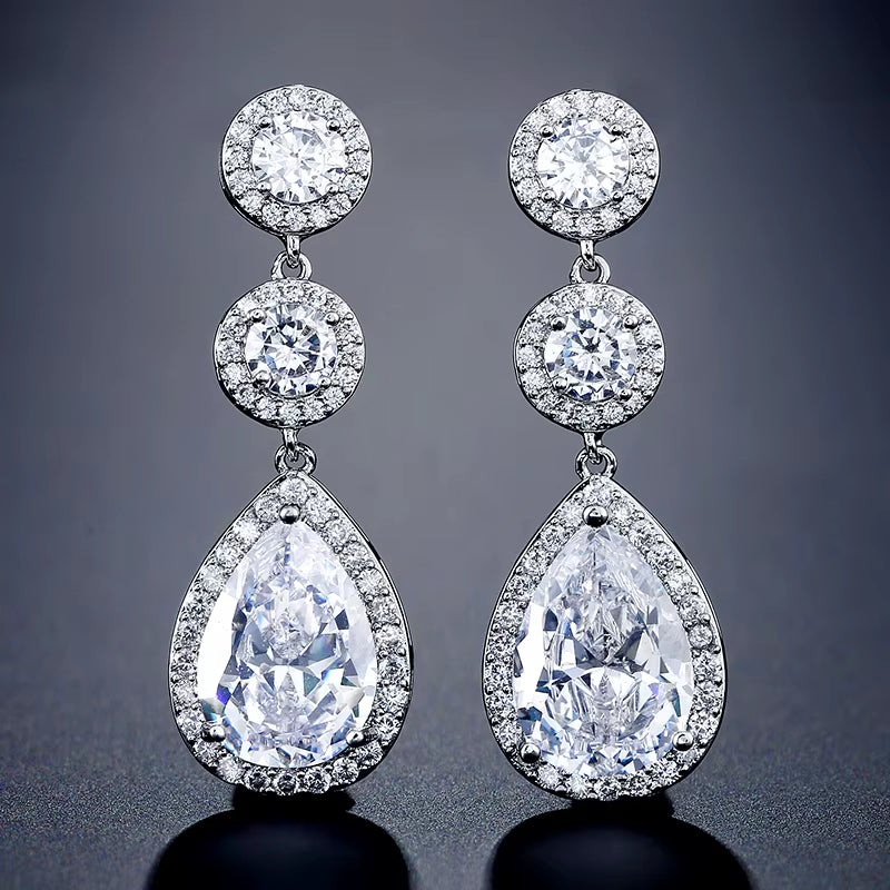 Luxury Zircon Wedding Long Dangle Earrings round Water Drop AAA CZ Bridal Wedding Jewelry for Women