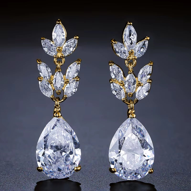 Classic Big Water Drop Leaf Zirconia Bridal Earrings for Women Elegant Shiny Crystal Zircon Wedding Patry Jewelry Gift