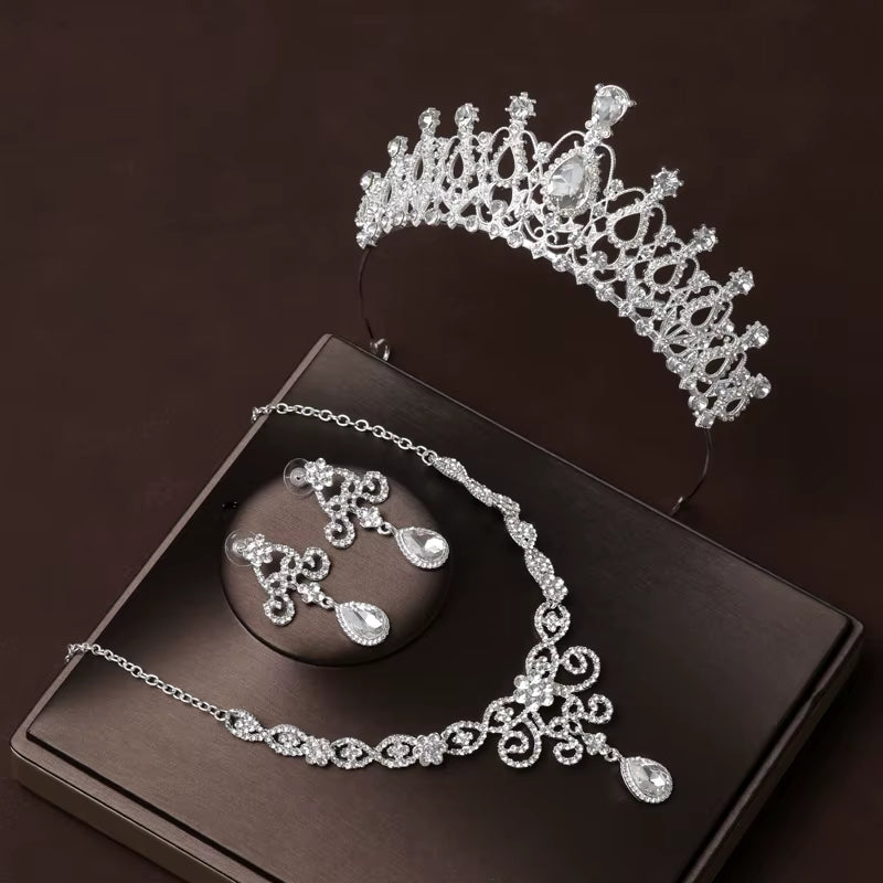 Itacazzo Bridal Headwear Set of Four Crown&Necklace&Earrings Gold-Colour Women'S Classic Wedding Tiaras