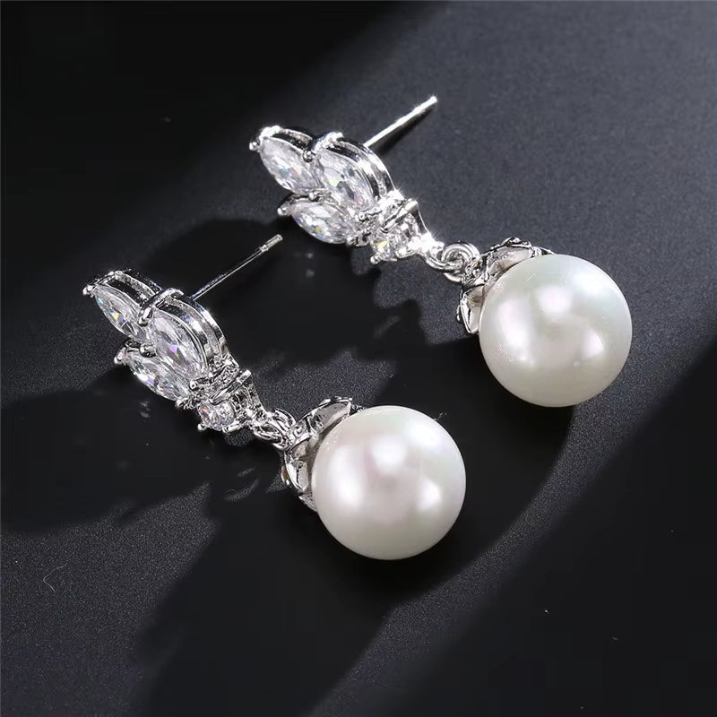 Fashion Sliver Color AAA CZ Pearl Dangle Earrings for Women Shiny Leaf Zircon Bridal Earring Wedding Party Jewelry