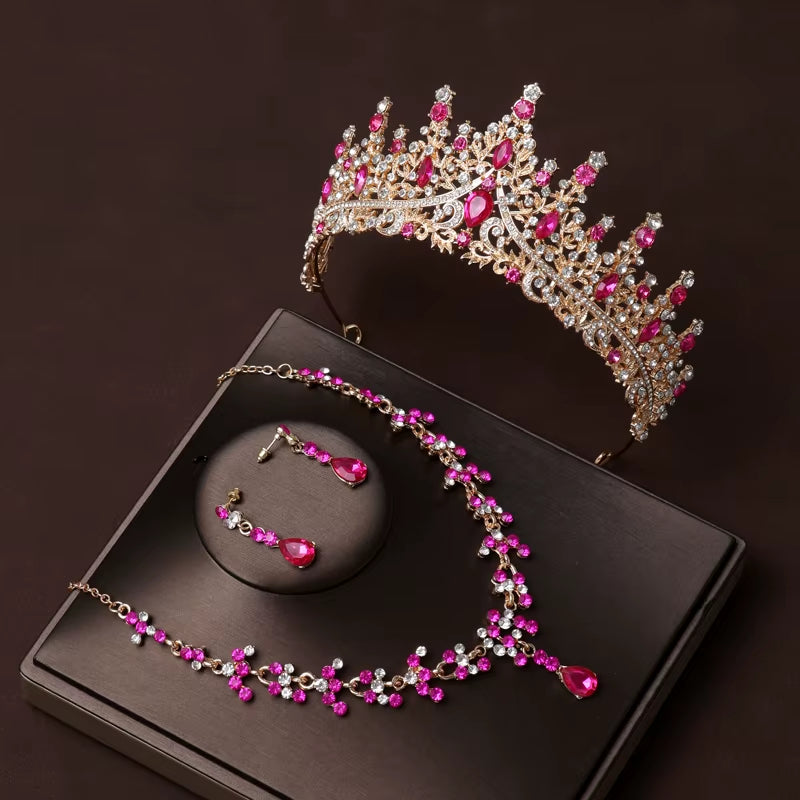 Itacazzo Bridal Headwear Set of Four Crown&Necklace&Earrings Gold-Colour Women'S Classic Wedding Tiaras