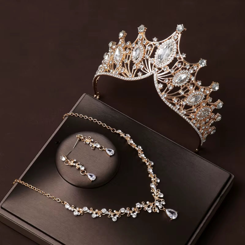 Itacazzo Bridal Headwear Set of Four Crown&Necklace&Earrings Gold-Colour Women'S Classic Wedding Tiaras