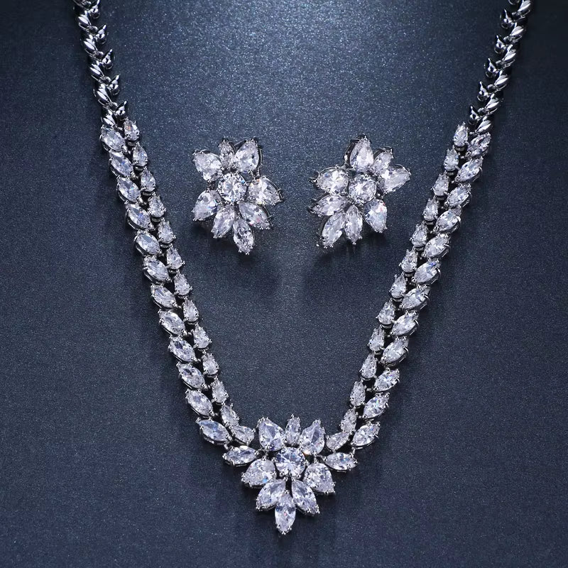 White Gold Color Luxury Bridal CZ Crystal Necklace and Earring Sets Big Wedding Jewelry Sets for Brides
