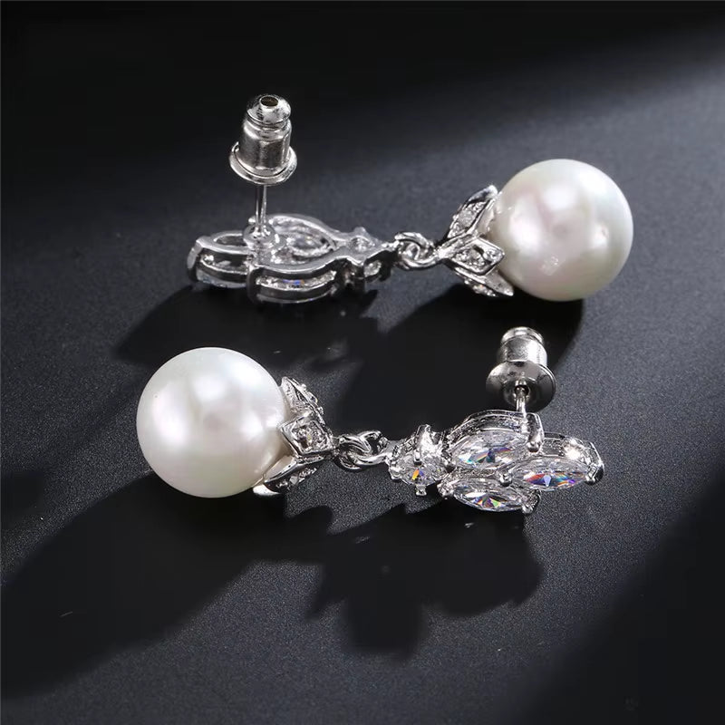 Fashion Sliver Color AAA CZ Pearl Dangle Earrings for Women Shiny Leaf Zircon Bridal Earring Wedding Party Jewelry