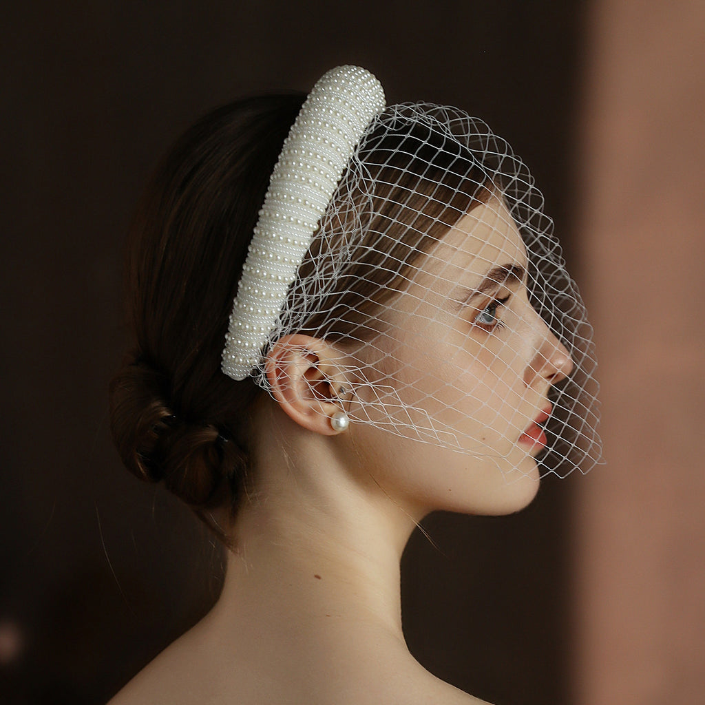 French Hepburn Style, Bridal Veil White Vintage Beaded