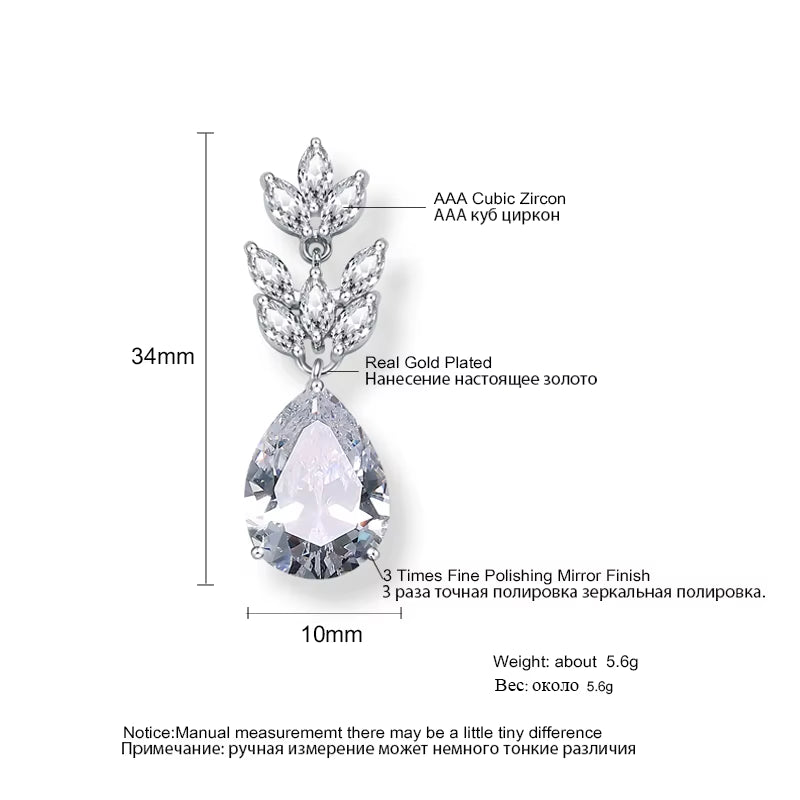 Classic Big Water Drop Leaf Zirconia Bridal Earrings for Women Elegant Shiny Crystal Zircon Wedding Patry Jewelry Gift