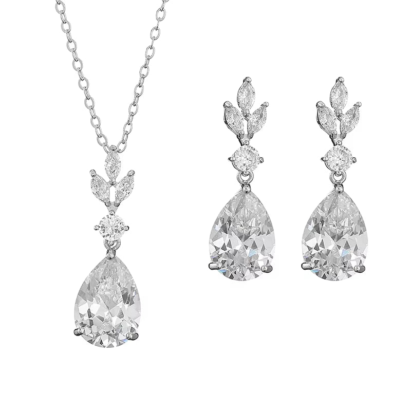 AAA Cubic Zirconia Leaf Dangle Earrings Necklace for Women Luxury Bridal Wedding Jewelry Set
