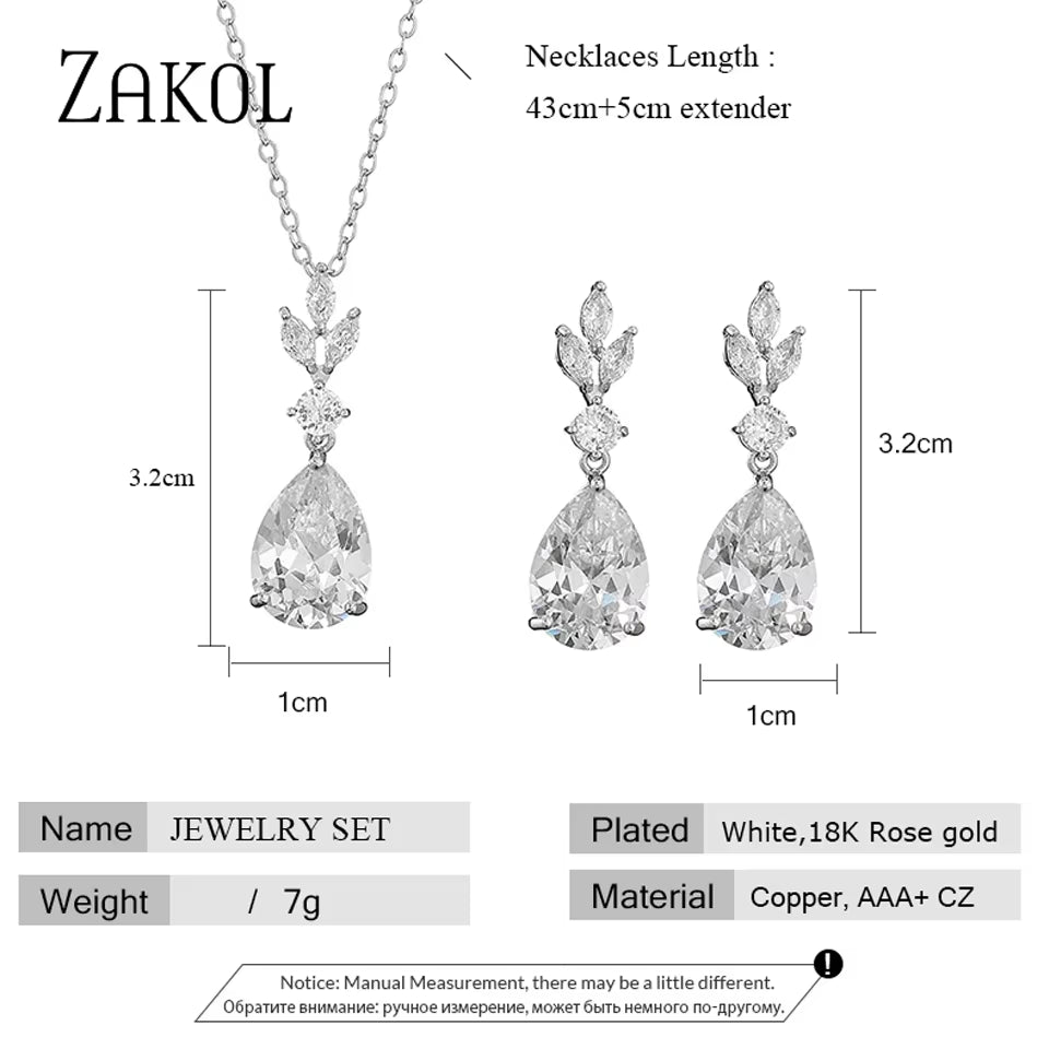 AAA Cubic Zirconia Leaf Dangle Earrings Necklace for Women Luxury Bridal Wedding Jewelry Set