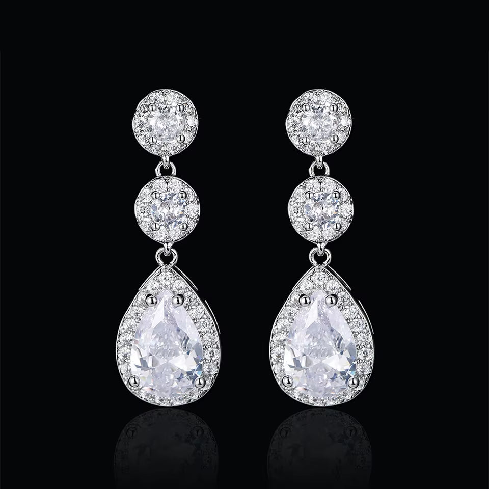 Luxury Zircon Wedding Long Dangle Earrings round Water Drop AAA CZ Bridal Wedding Jewelry for Women