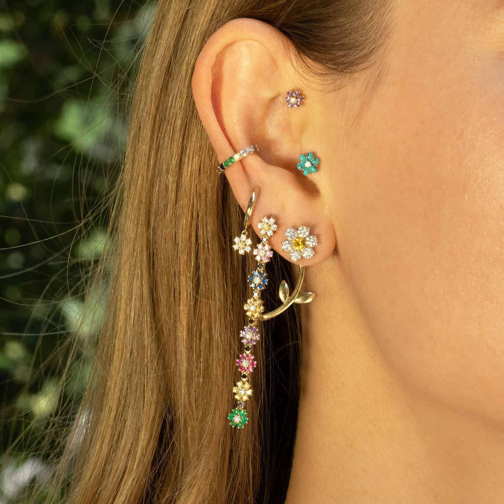 Pastoral Style Retro Two-tone Flower Ear Bone Stud 18K Gold Colorfast Small Earrings