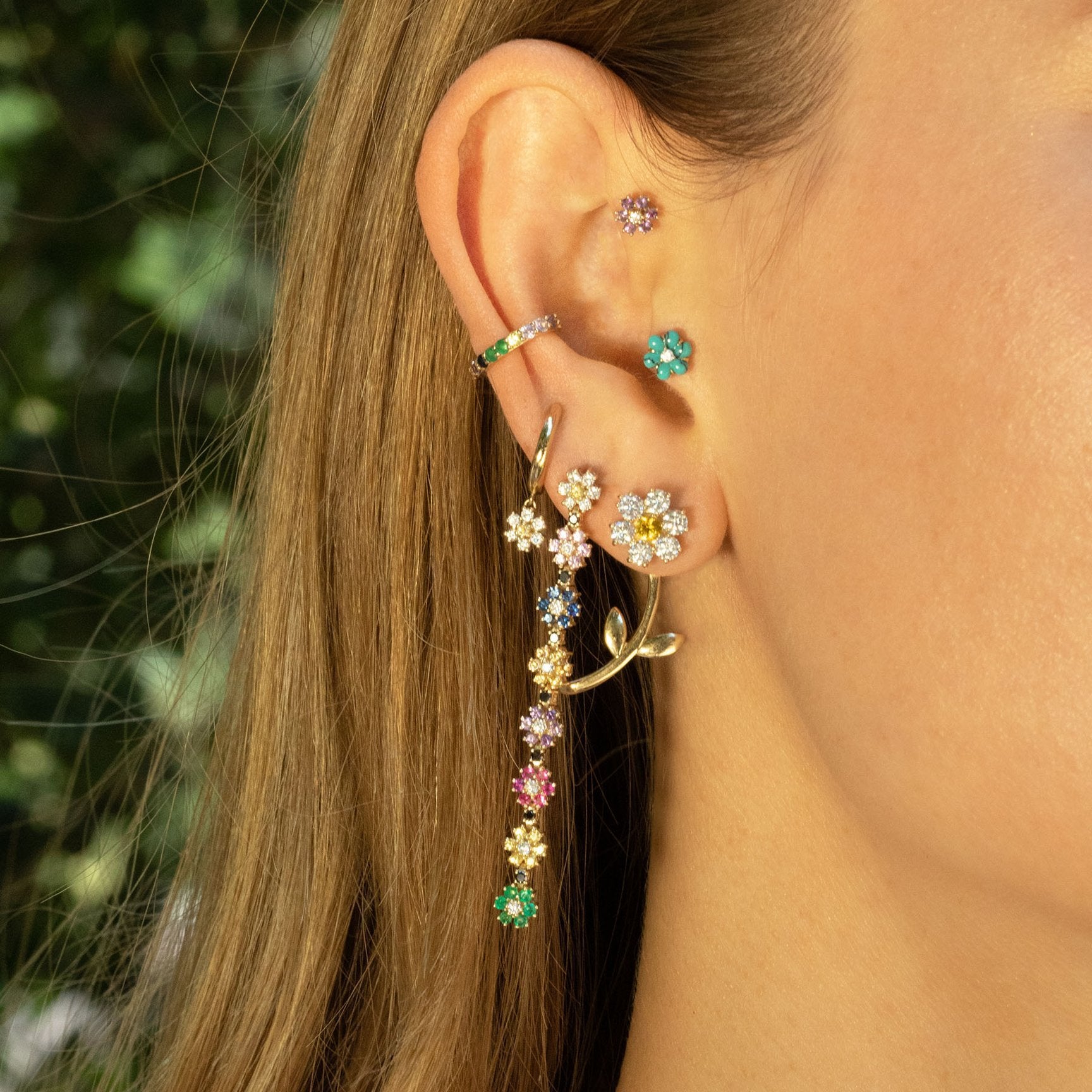 Pastoral Style Retro Two-tone Flower Ear Bone Stud 18K Gold Colorfast Small Earrings