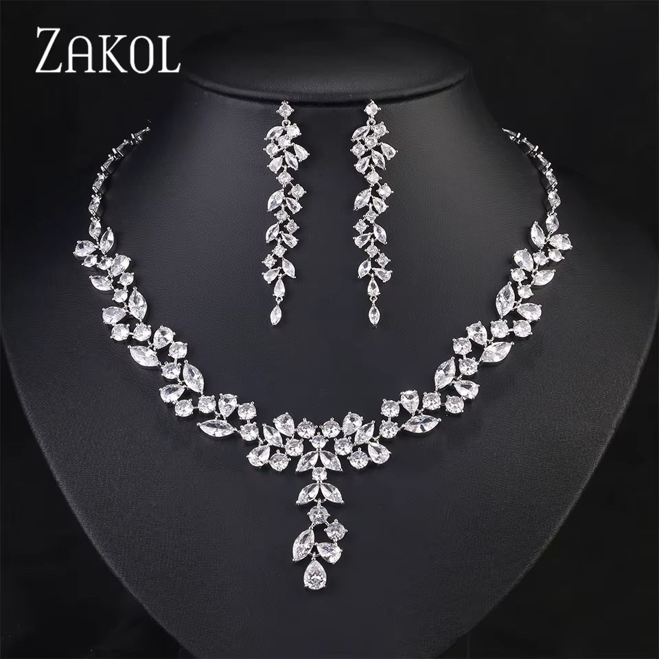 Brand Sliver Color AAA Zirconia Bridal Jewelry Sets Luxury Flower Leaf Clear Zircon Earring Necklaces for Women
