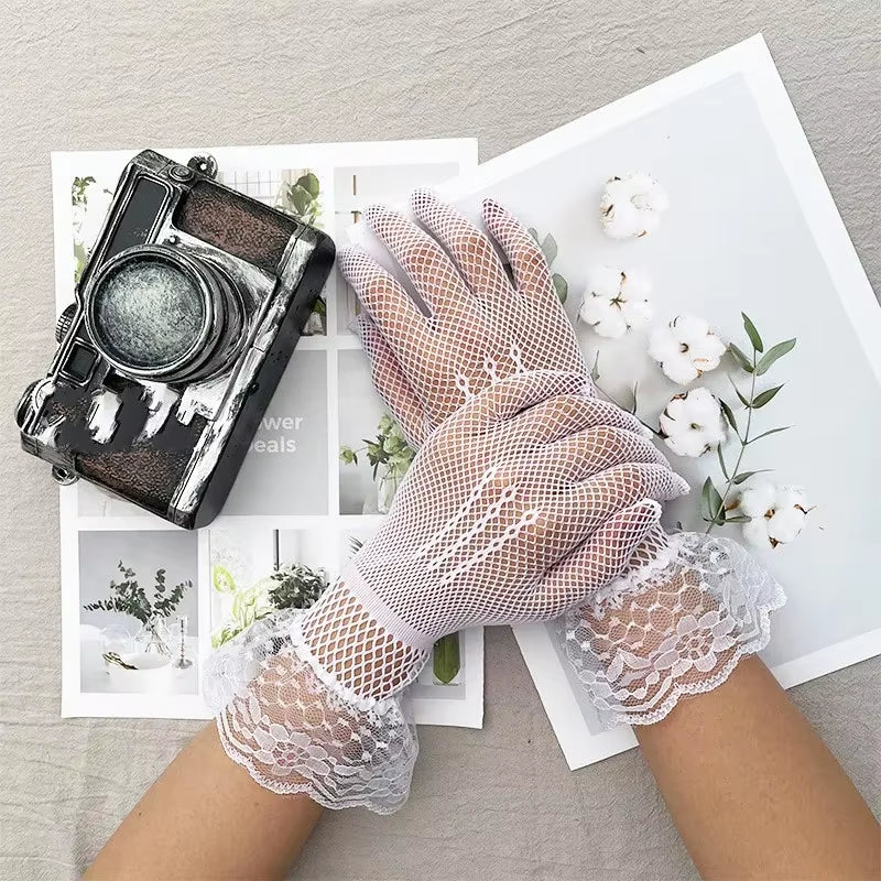 Sexy Lace Hollow Out Sunscreen Glove Women Ceremony Etiquette Black White Mesh Mittens Summer Thin Breathable Soft Elastic Glove