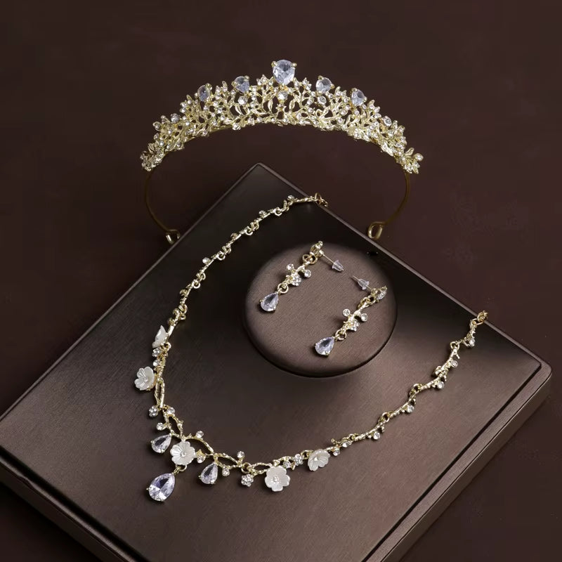 Itacazzo Bridal Headwear Set of Four Crown&Necklace&Earrings Gold-Colour Women'S Classic Wedding Tiaras