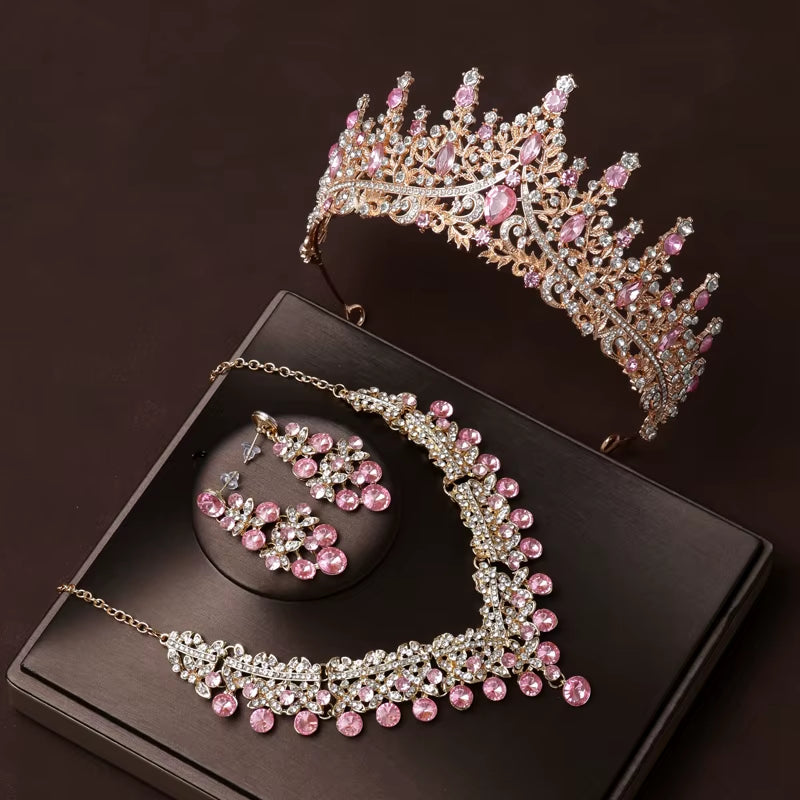 Itacazzo Bridal Headwear Set of Four Crown&Necklace&Earrings Gold-Colour Women'S Classic Wedding Tiaras