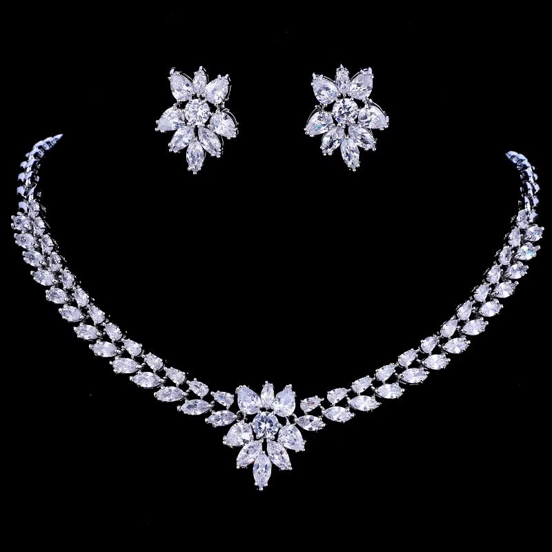 White Gold Color Luxury Bridal CZ Crystal Necklace and Earring Sets Big Wedding Jewelry Sets for Brides