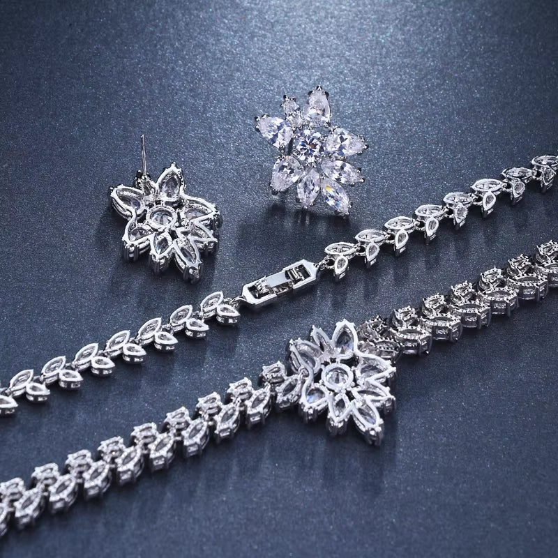 White Gold Color Luxury Bridal CZ Crystal Necklace and Earring Sets Big Wedding Jewelry Sets for Brides