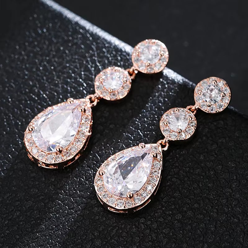 Luxury Zircon Wedding Long Dangle Earrings round Water Drop AAA CZ Bridal Wedding Jewelry for Women