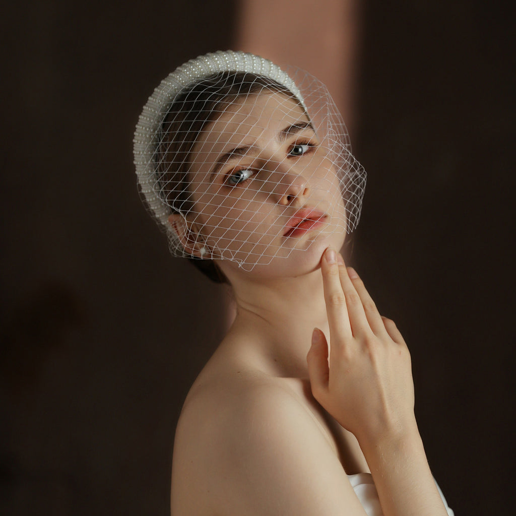 French Hepburn Style, Bridal Veil White Vintage Beaded