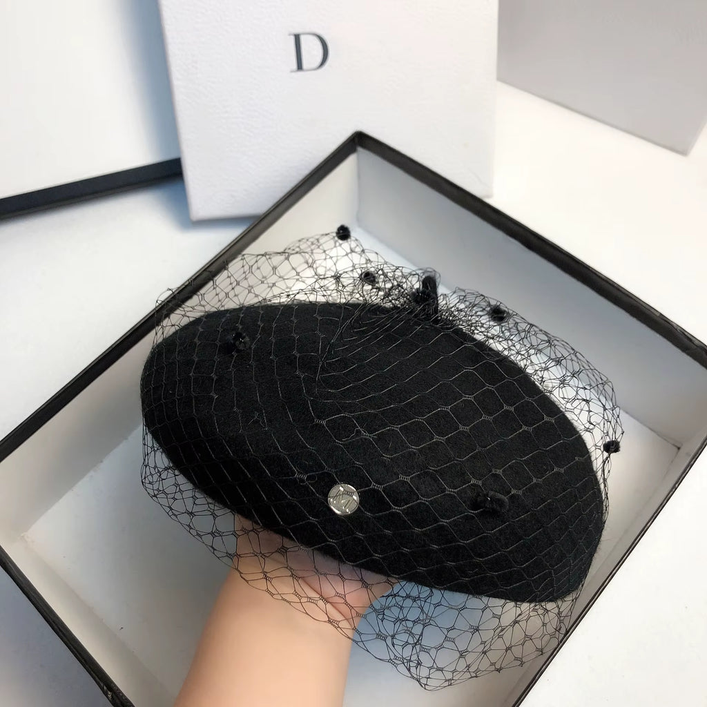 Fascinating Mesh Veil Wool Beret Autumn Winter Warm Beanie Hat Vintage Felt Casual Painter Hats Female French Berets Caps