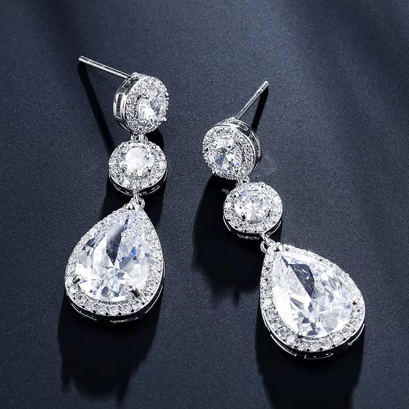 Luxury Zircon Wedding Long Dangle Earrings round Water Drop AAA CZ Bridal Wedding Jewelry for Women