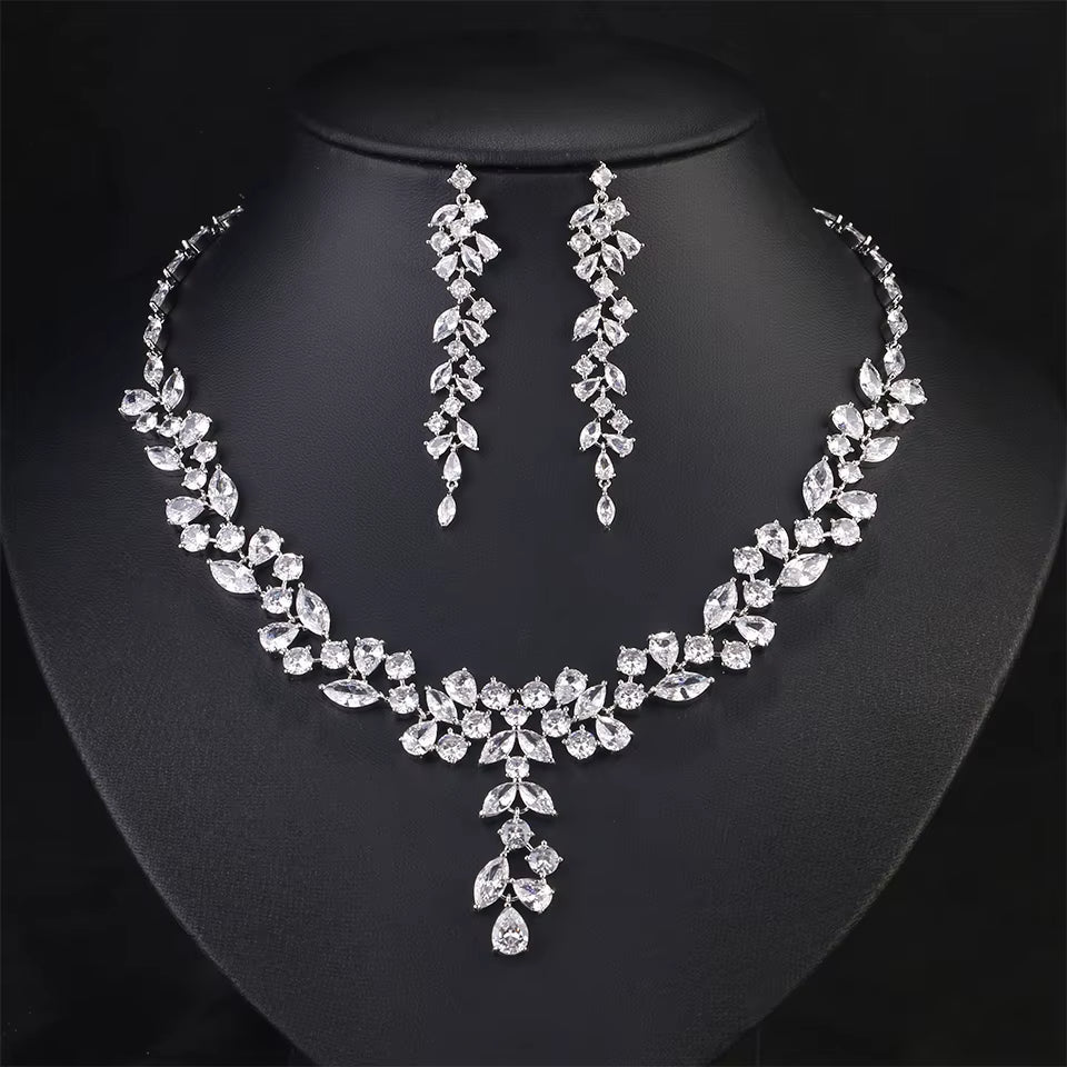 Brand Sliver Color AAA Zirconia Bridal Jewelry Sets Luxury Flower Leaf Clear Zircon Earring Necklaces for Women