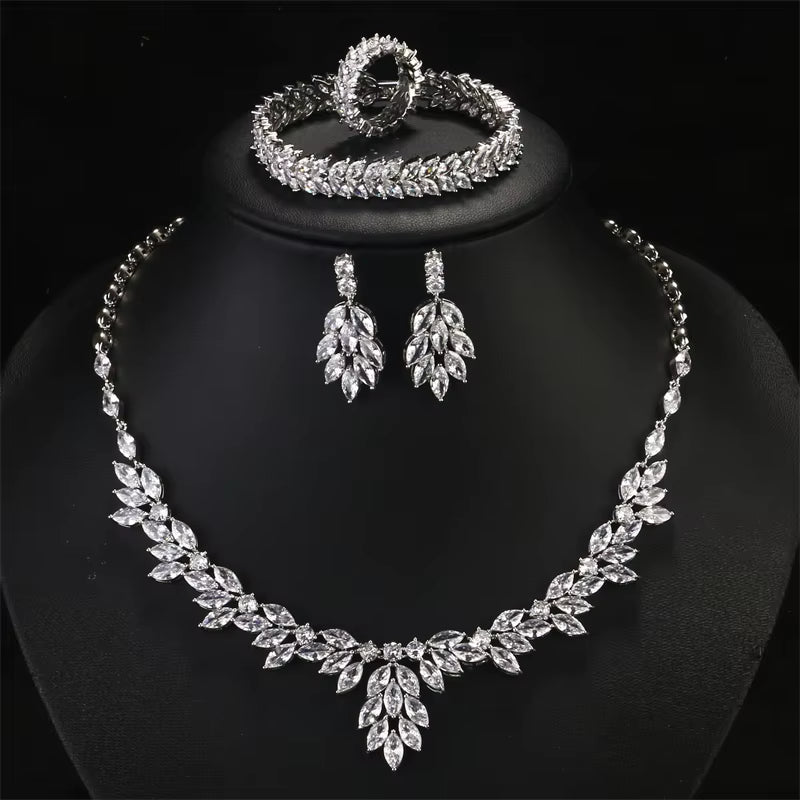 Brand Sliver Color AAA Zirconia Bridal Jewelry Sets Luxury Flower Leaf Clear Zircon Earring Necklaces for Women