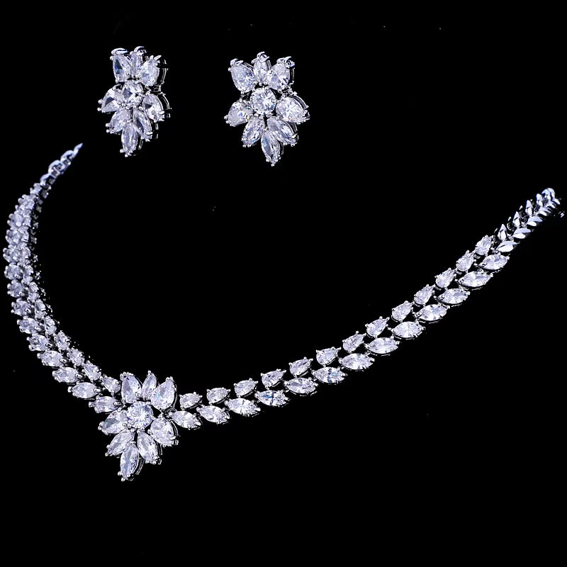 White Gold Color Luxury Bridal CZ Crystal Necklace and Earring Sets Big Wedding Jewelry Sets for Brides