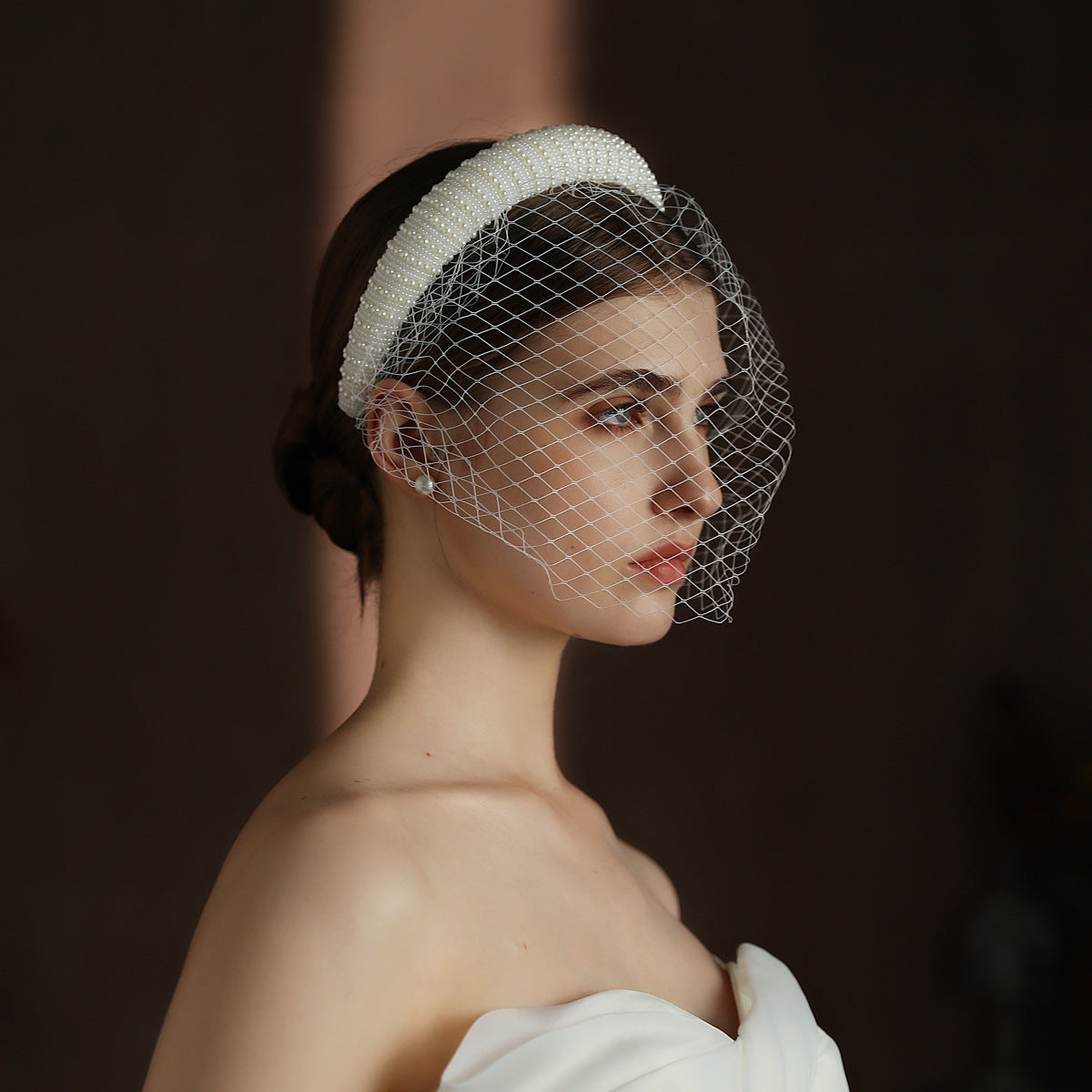 French Hepburn Style, Bridal Veil White Vintage Beaded