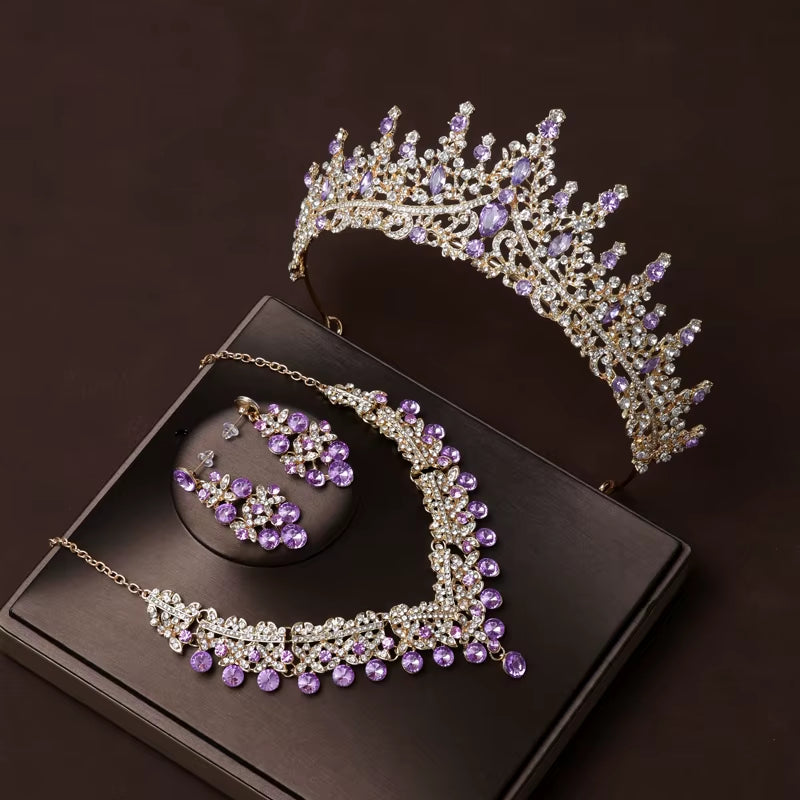 Itacazzo Bridal Headwear Set of Four Crown&Necklace&Earrings Gold-Colour Women'S Classic Wedding Tiaras