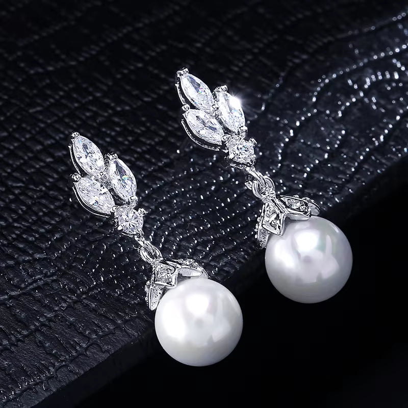 Fashion Sliver Color AAA CZ Pearl Dangle Earrings for Women Shiny Leaf Zircon Bridal Earring Wedding Party Jewelry