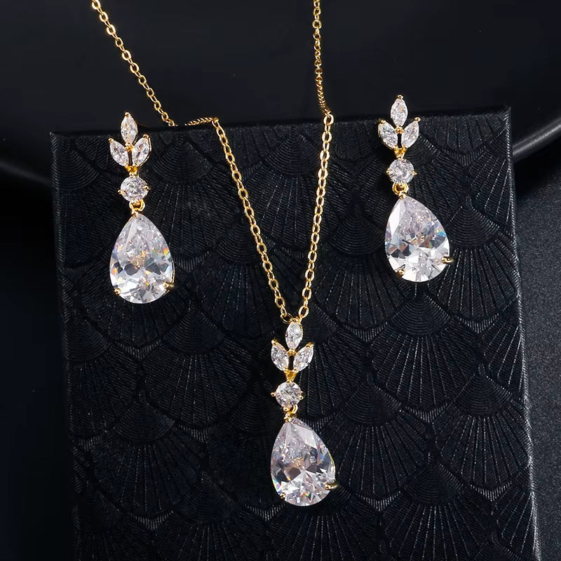 AAA Cubic Zirconia Leaf Dangle Earrings Necklace for Women Luxury Bridal Wedding Jewelry Set