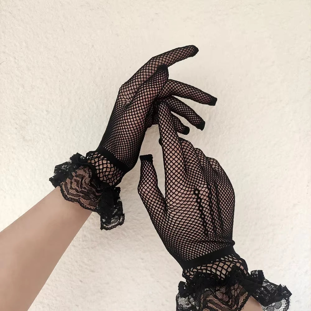 Black White Summer Uv-Proof Driving Gloves Female Thin Fishnet Mesh Gloves Fashion Ruffle Full Finger Lace Mittens