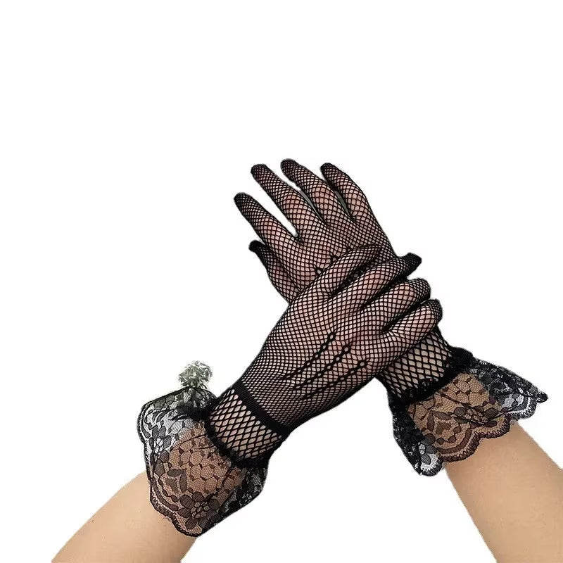Sexy Lace Hollow Out Sunscreen Glove Women Ceremony Etiquette Black White Mesh Mittens Summer Thin Breathable Soft Elastic Glove