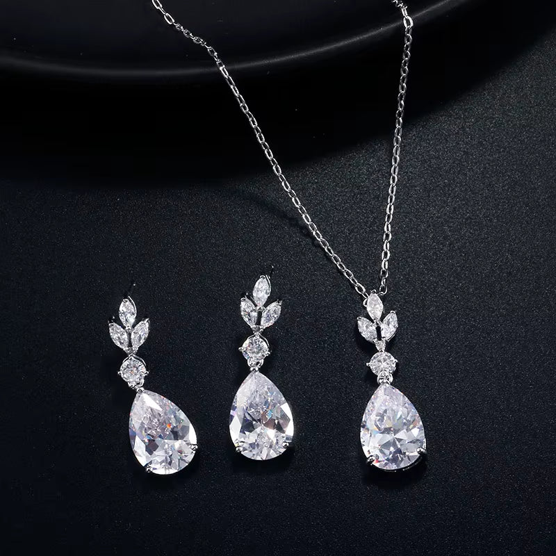 AAA Cubic Zirconia Leaf Dangle Earrings Necklace for Women Luxury Bridal Wedding Jewelry Set