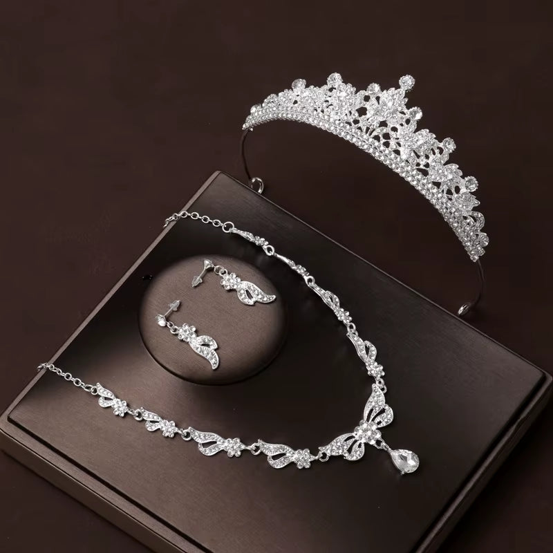 Itacazzo Bridal Headwear Set of Four Crown&Necklace&Earrings Gold-Colour Women'S Classic Wedding Tiaras