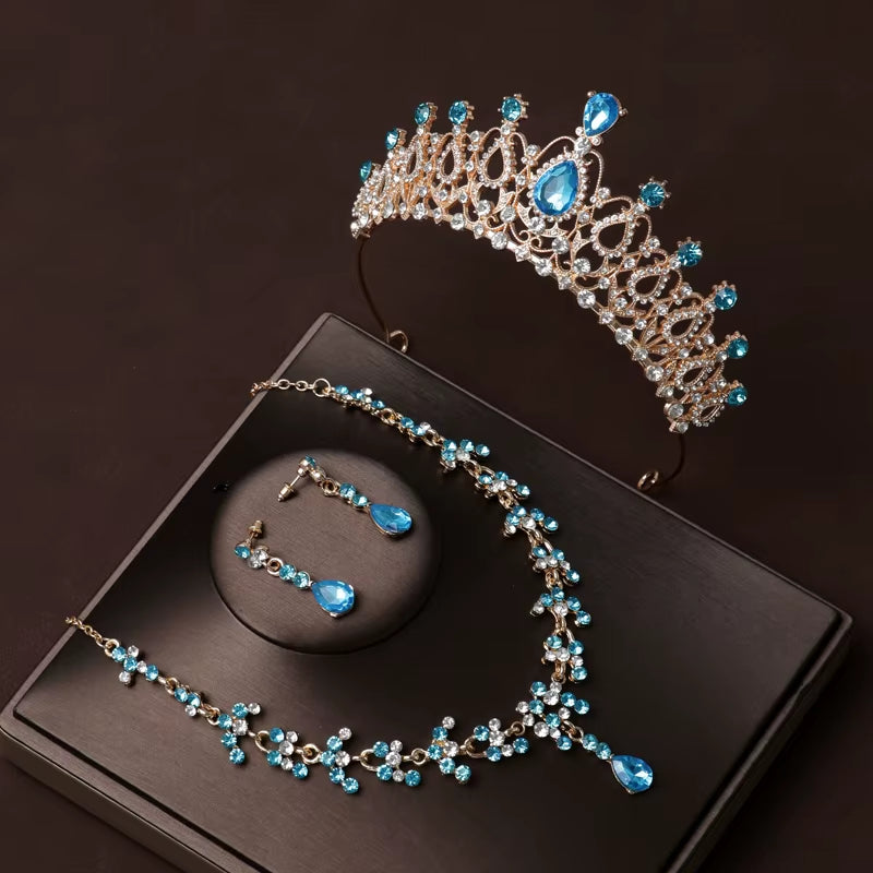 Itacazzo Bridal Headwear Set of Four Crown&Necklace&Earrings Gold-Colour Women'S Classic Wedding Tiaras