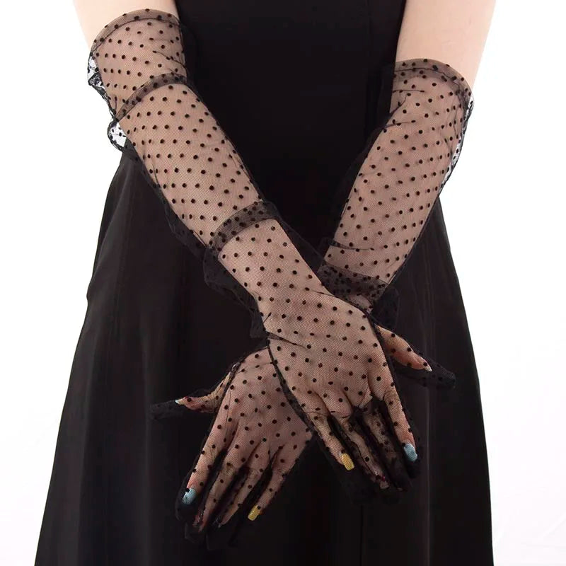 Fashion Sexy Women Black White Dot Lace Long Tulle Gloves Bride Wedding Stretchy Full Finger Transparent Thin Lady Mesh Gloves