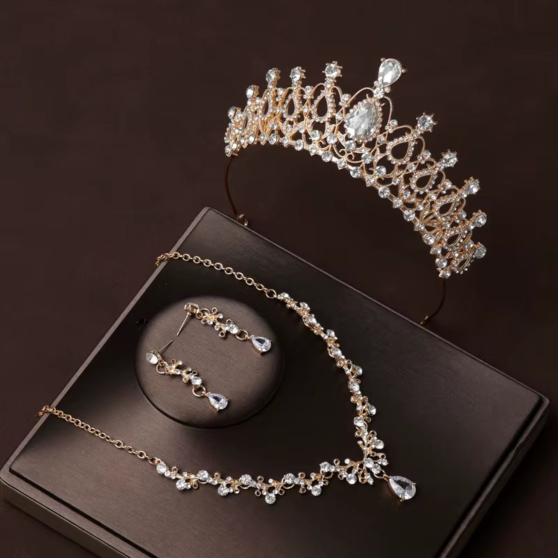 Itacazzo Bridal Headwear Set of Four Crown&Necklace&Earrings Gold-Colour Women'S Classic Wedding Tiaras