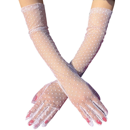 Fashion Sexy Women Black White Dot Lace Long Tulle Gloves Bride Wedding Stretchy Full Finger Transparent Thin Lady Mesh Gloves