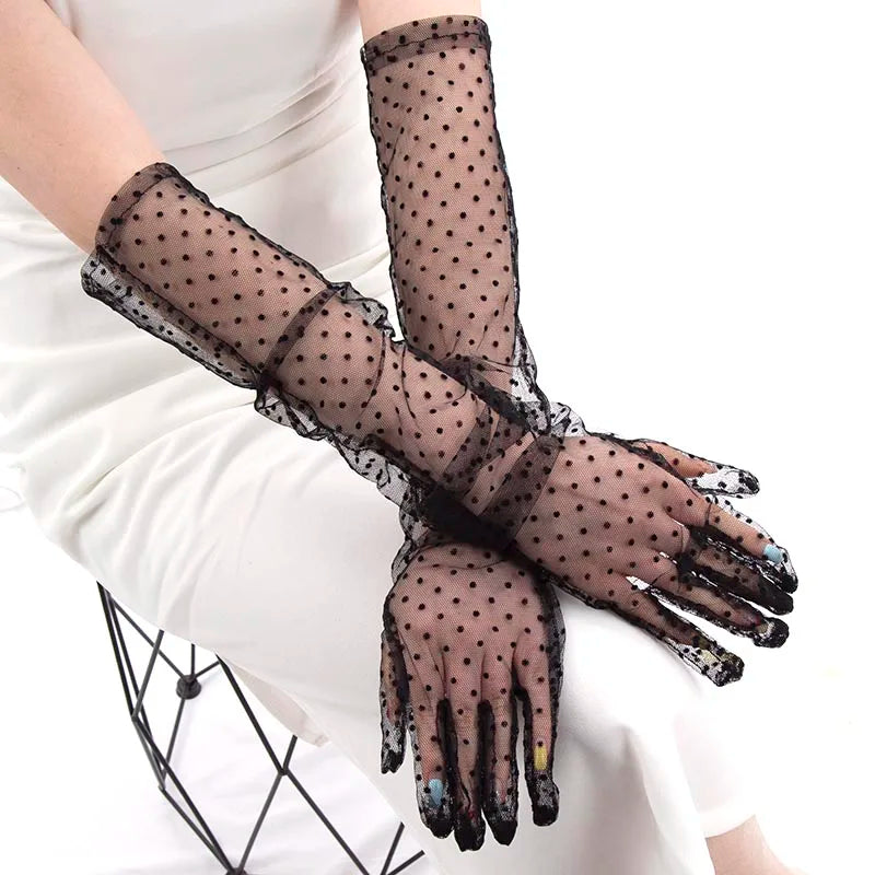 Fashion Sexy Women Black White Dot Lace Long Tulle Gloves Bride Wedding Stretchy Full Finger Transparent Thin Lady Mesh Gloves
