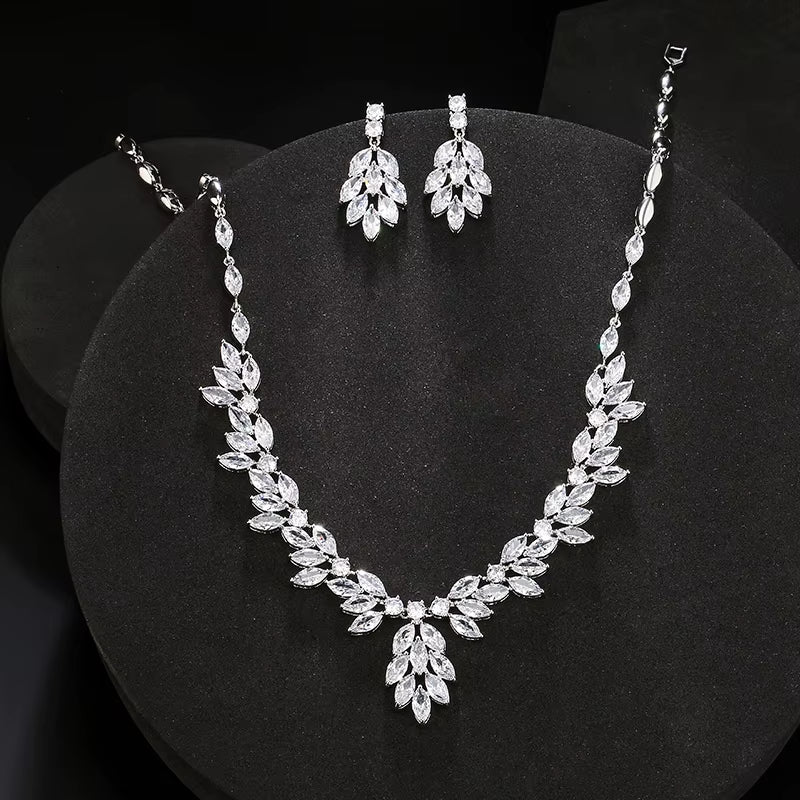 Brand Sliver Color AAA Zirconia Bridal Jewelry Sets Luxury Flower Leaf Clear Zircon Earring Necklaces for Women